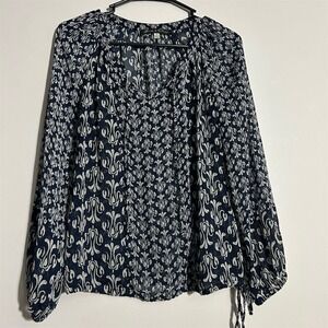 Rose & Olive Blouse Womens XS Navy White Scroll Print Tie Cuff Sheer
